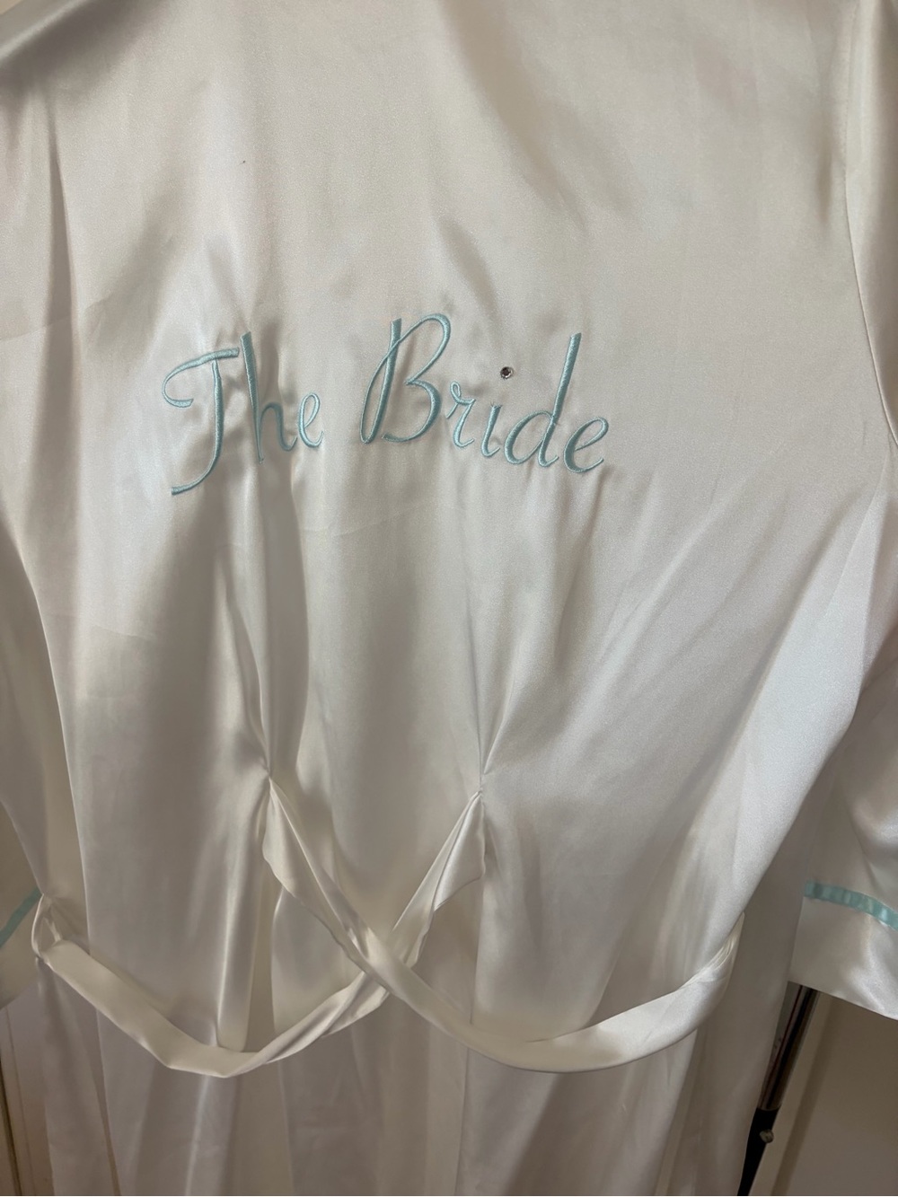 Bride Satin Robe with Light Blue “The Bride” Embroidery